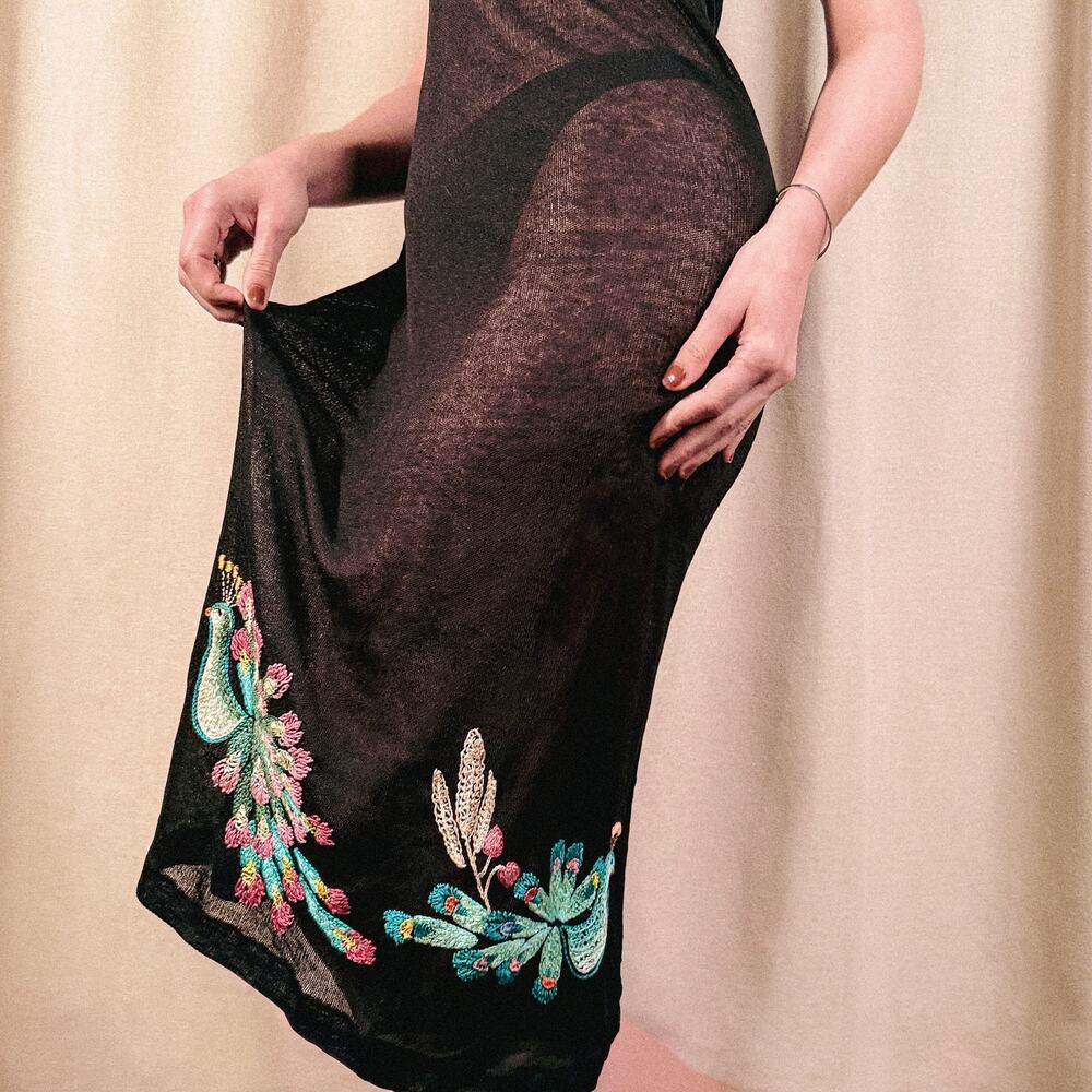 Handmade Embroidered Peacock Black Sleeveless V Neck Midi Dress, Mexico
